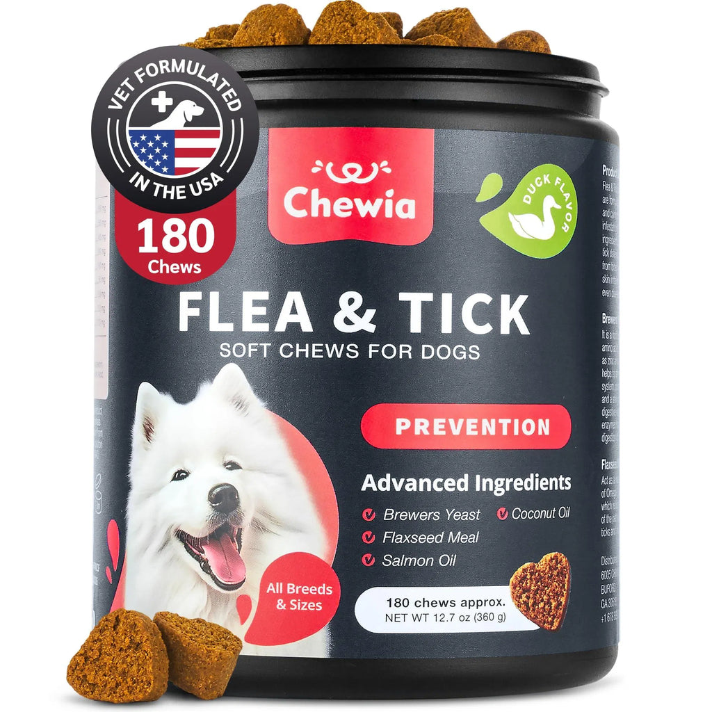 Flea & tick soft chew jar with salmon oil label and brown treat pieces on lid