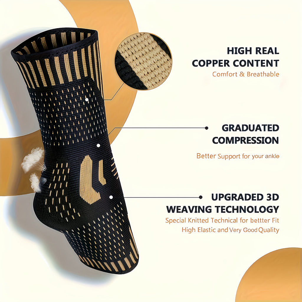 Black high-ankle compression sleeve with gold copper logo and patterned knit