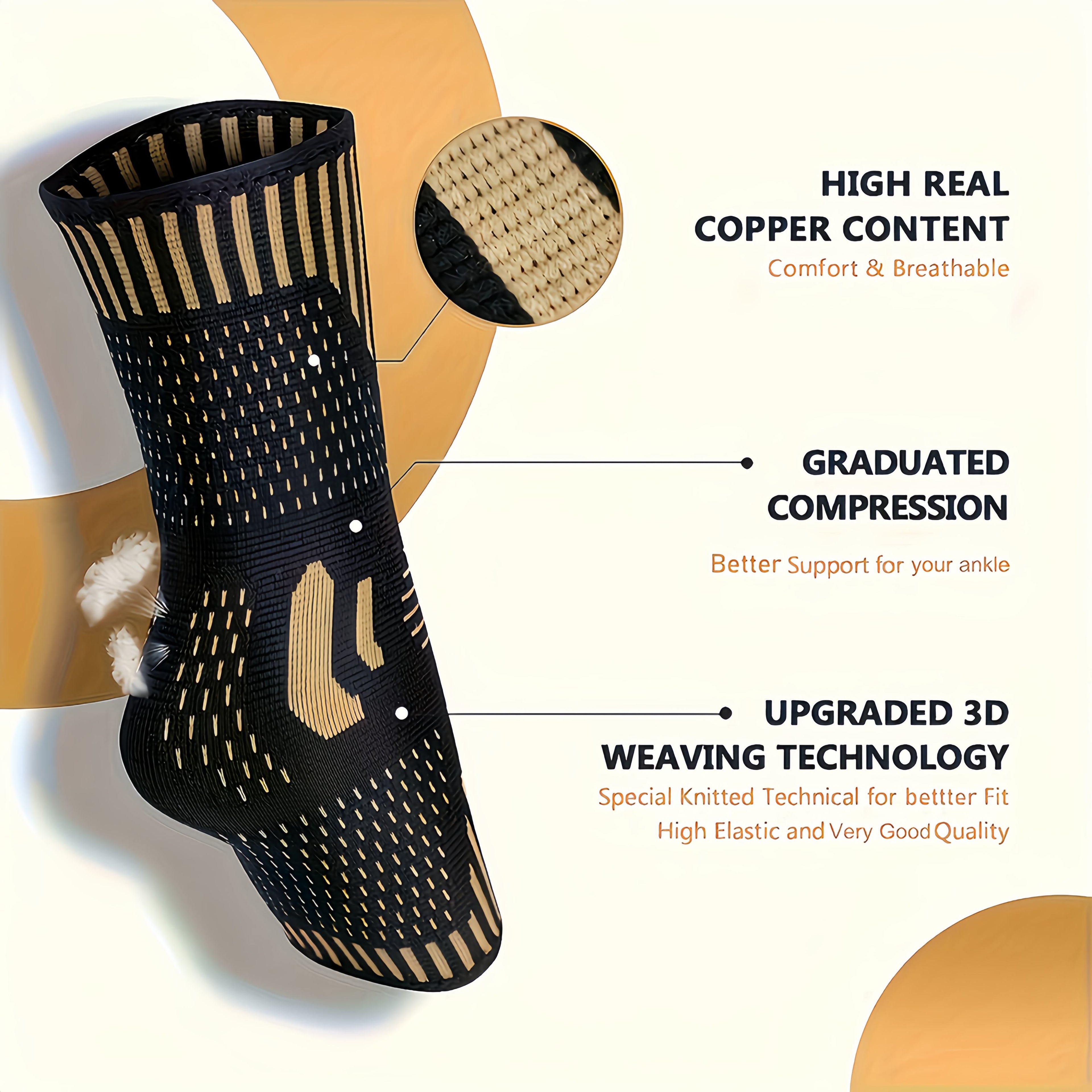 Black high-ankle compression sleeve with gold copper logo and patterned knit