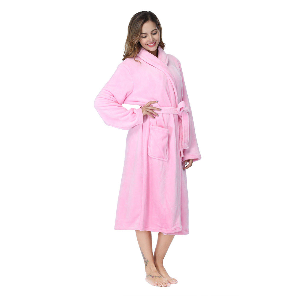 Light pink bathrobe with belt and two front pockets, draped sleeve detail, angled view
