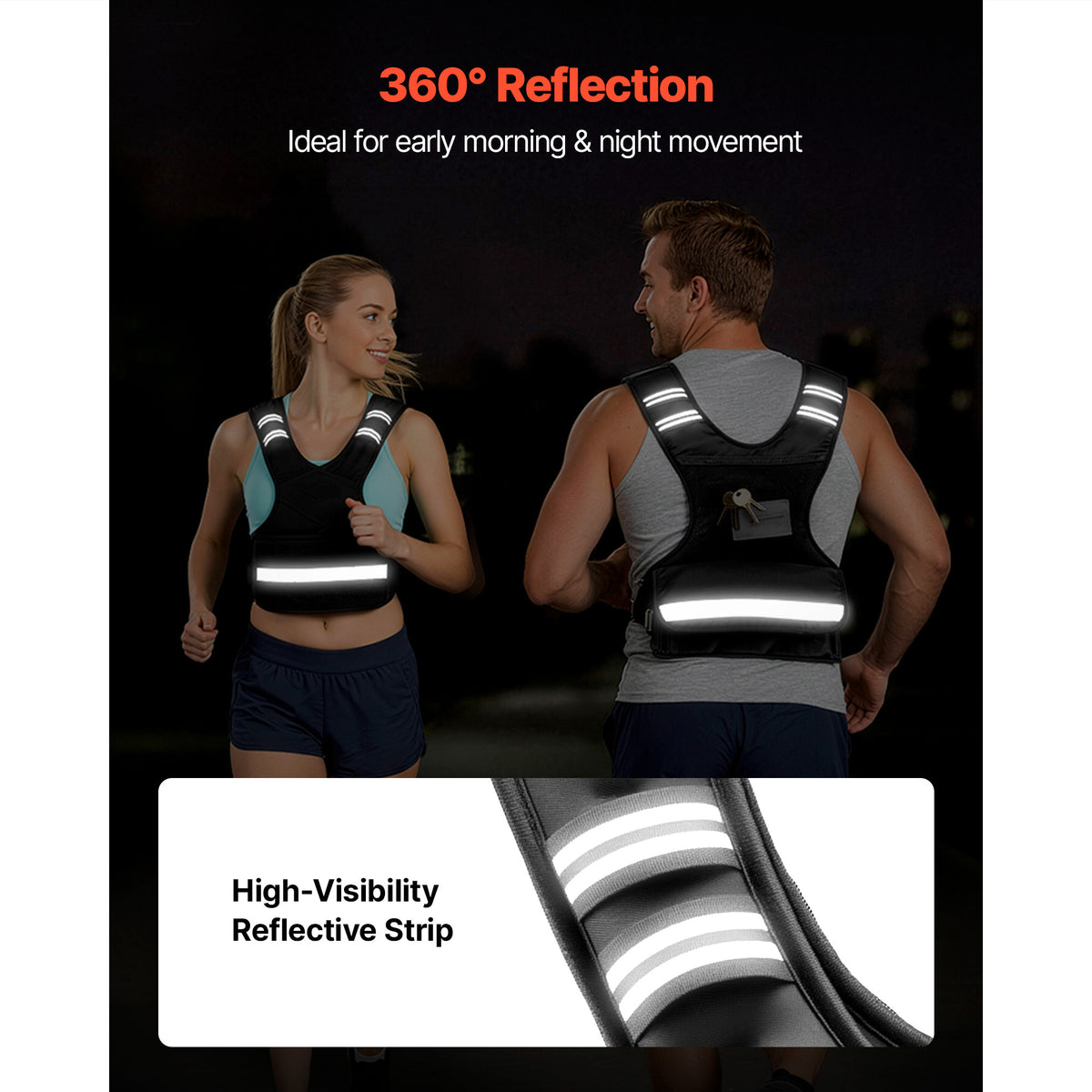 Black weighted vest with reflective white stripes and adjustable shoulder straps
