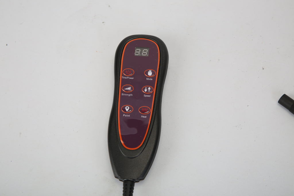 Black handheld controller for massage mat with display and mode, speed, and heat buttons