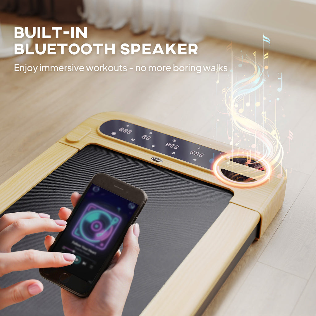 Wood walking treadmill with built-in speaker area, smartphone controlling music during walks