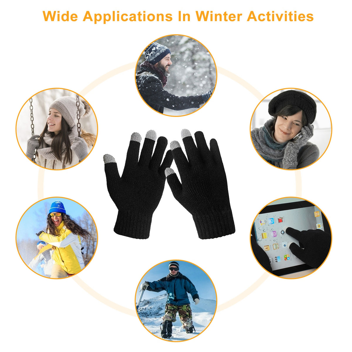 Black knit touchscreen winter gloves, open hand silhouette with gray cuffs