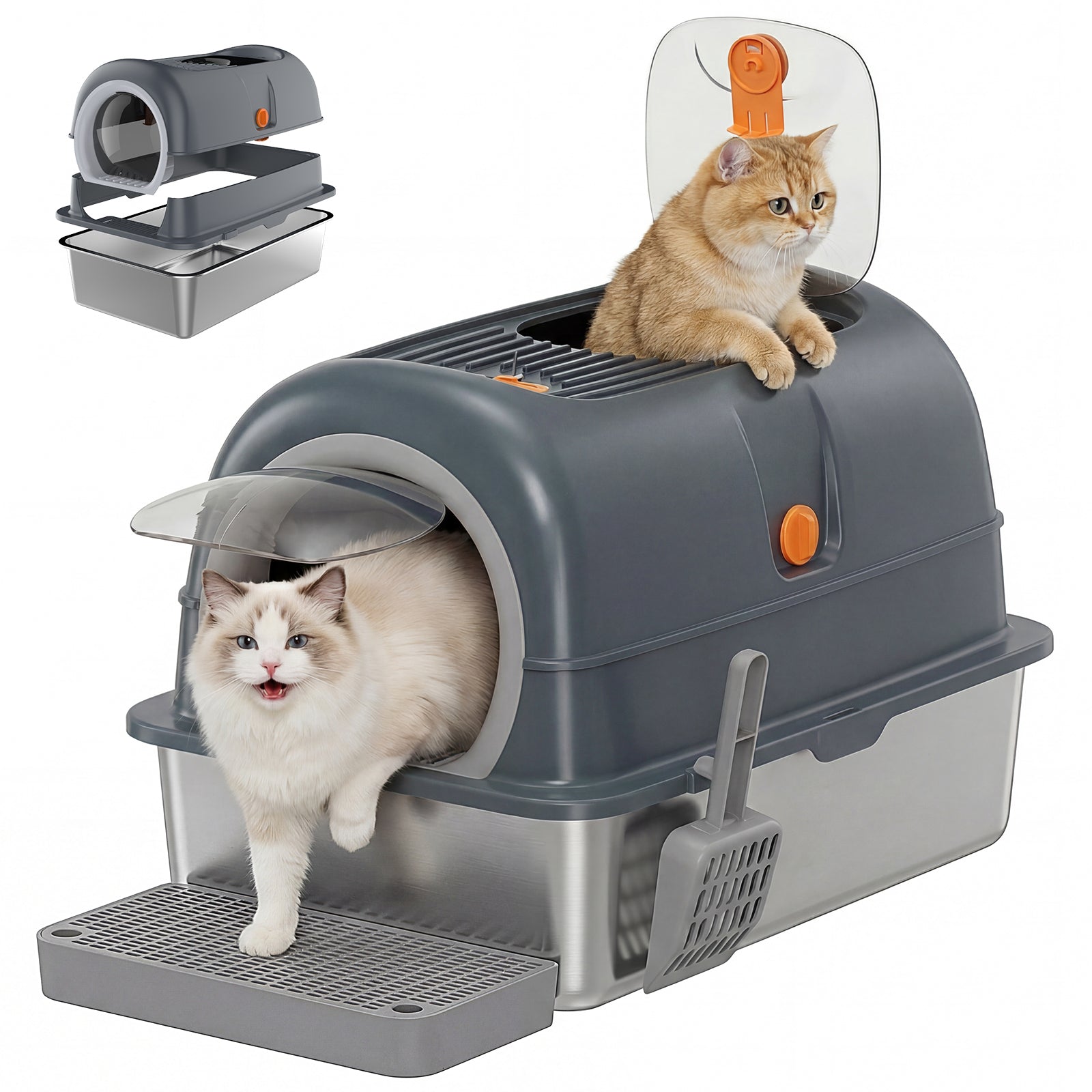 Double-entry convertible cat litter box with dark gray hood, circular entrance, and stainless tray
