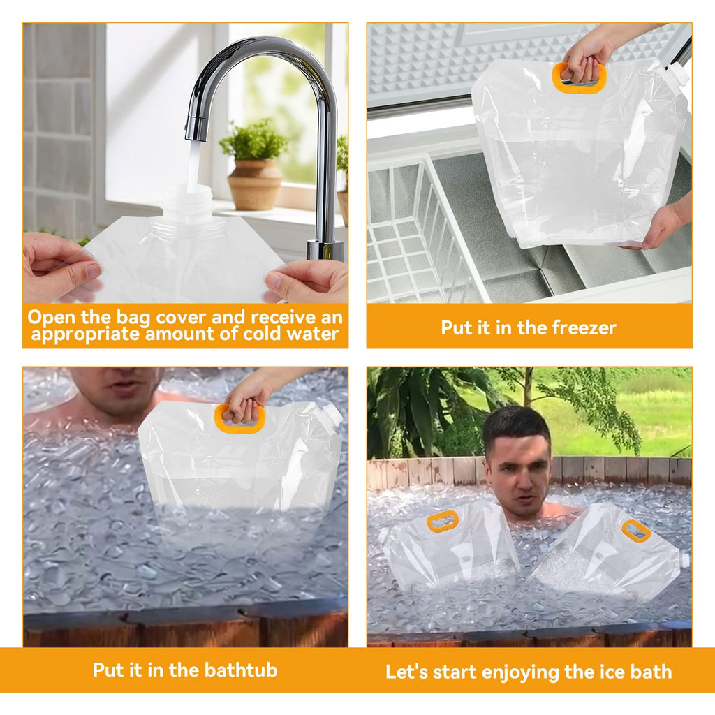 Ice bath bag with orange handle being opened and placed into a freezer or bathtub