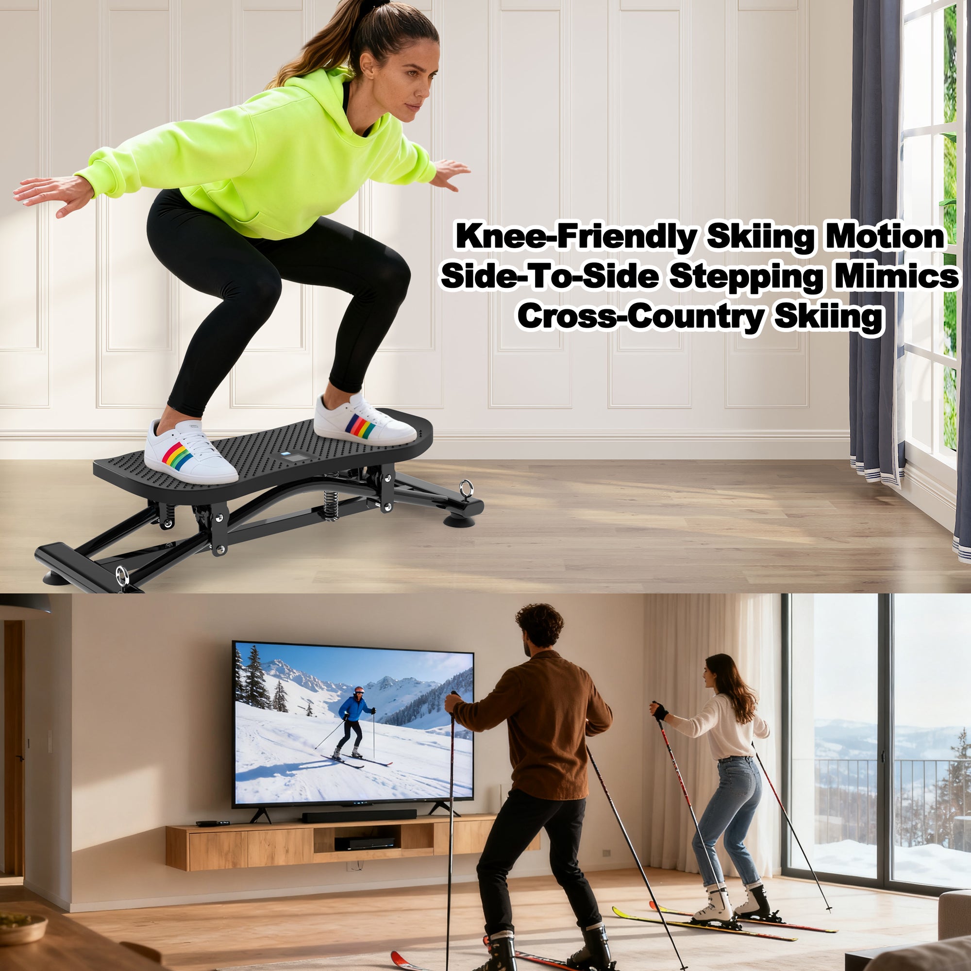 Black sliding ski simulator with foot platforms on wooden floor, person stepping in motion