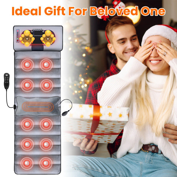 Grey full-body massage mat with multiple glowing nodes and rectangular control panel