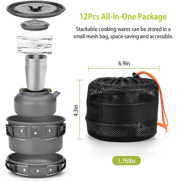 Stackable grey 12-piece camping cookware set with lids and storage mesh bag