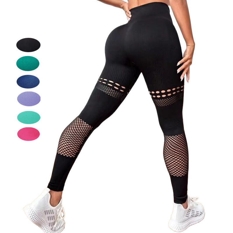 Women’s black seamless yoga leggings with fishnet mesh panels and hollow cutouts