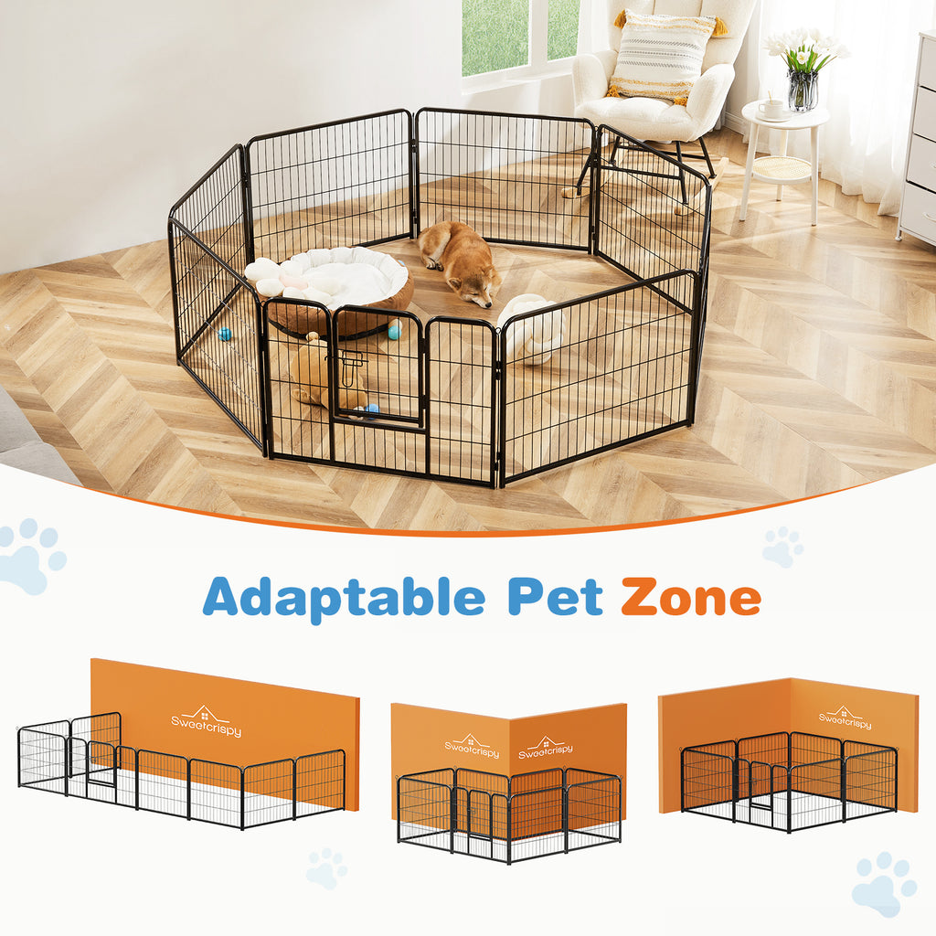 Indoor pet playpen with single door, wire panels and hinged gate opening