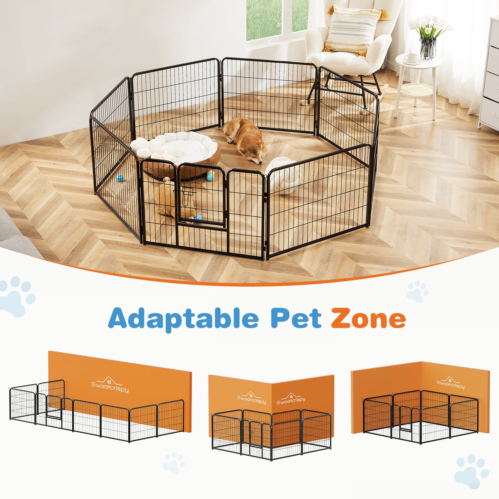 Indoor pet playpen with single door, wire panels and hinged gate opening