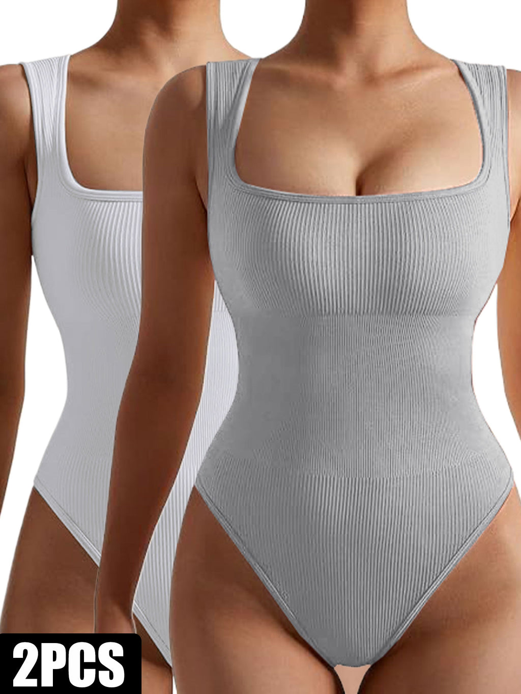 2-pack seamless ribbed romper bodysuit, light gray and heather gray, scoop neck