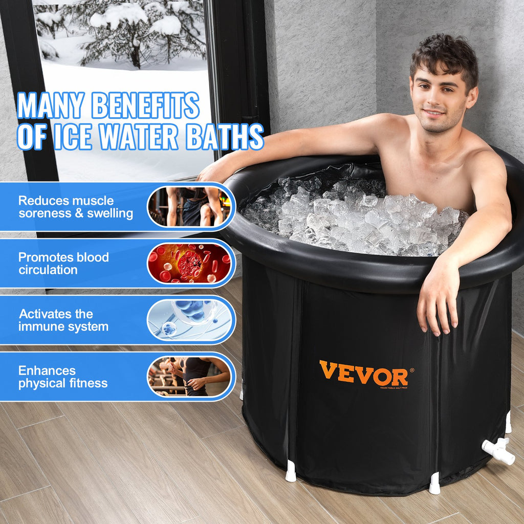 Black inflatable ice bath tub with frozen-looking water, two handholds and side rim
