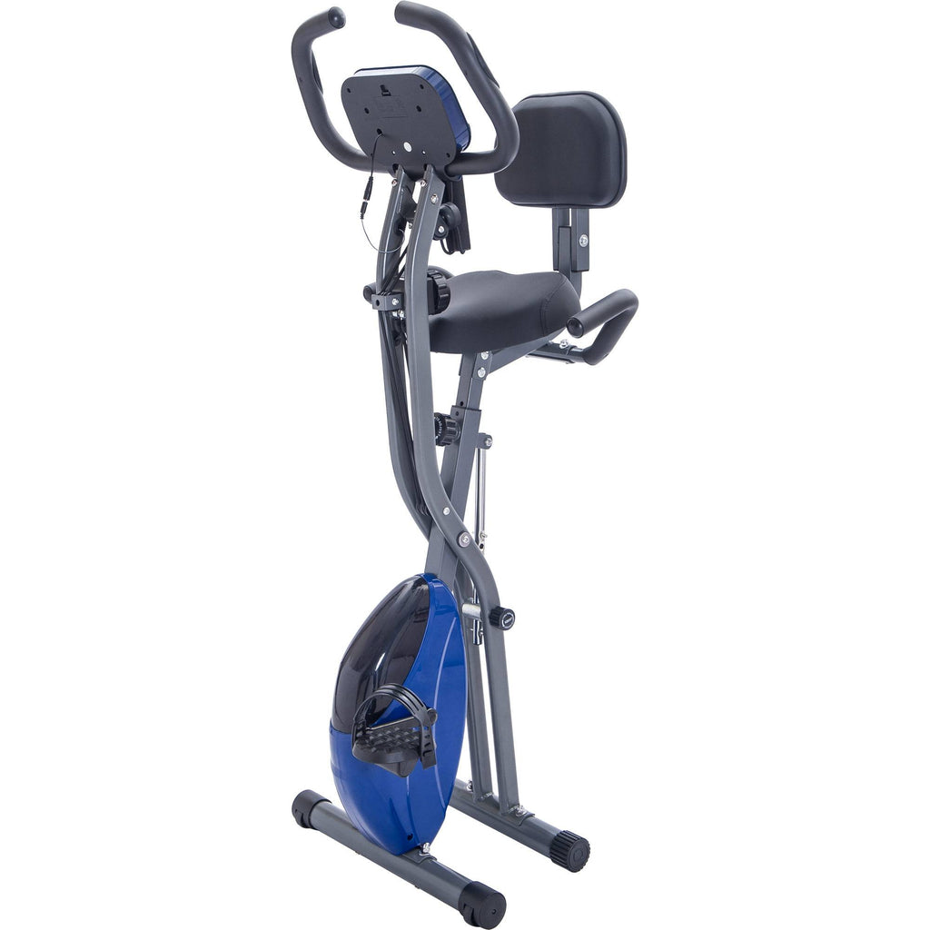 Folding exercise bike side view with blue flywheel housing, seat, and handlebars