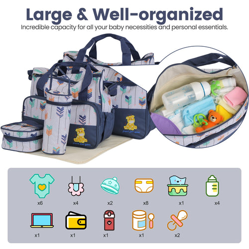 Dark blue diaper bag set with front zipper pocket and multiple small storage pouches