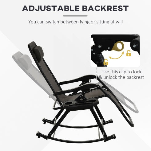 Zero Gravity rocker chair with adjustable backrest and locking clips, black frame, gray fabric