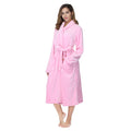 Light pink bathrobe front view with shawl collar, belt tied and side pocket openings