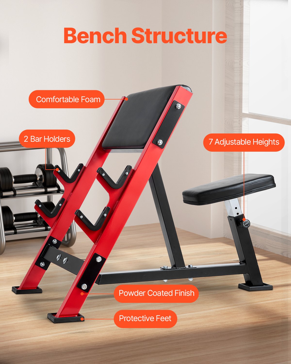 Preacher curl bench with black foam pad, red steel frame, and adjustable height