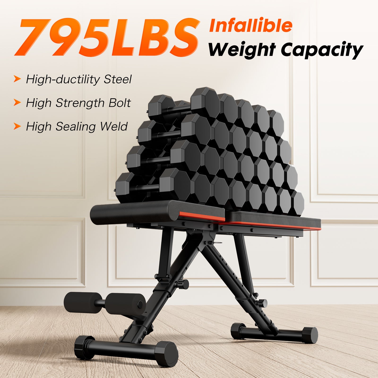 Adjustable workout bench with black frame and cushioned seat and backrest, front view