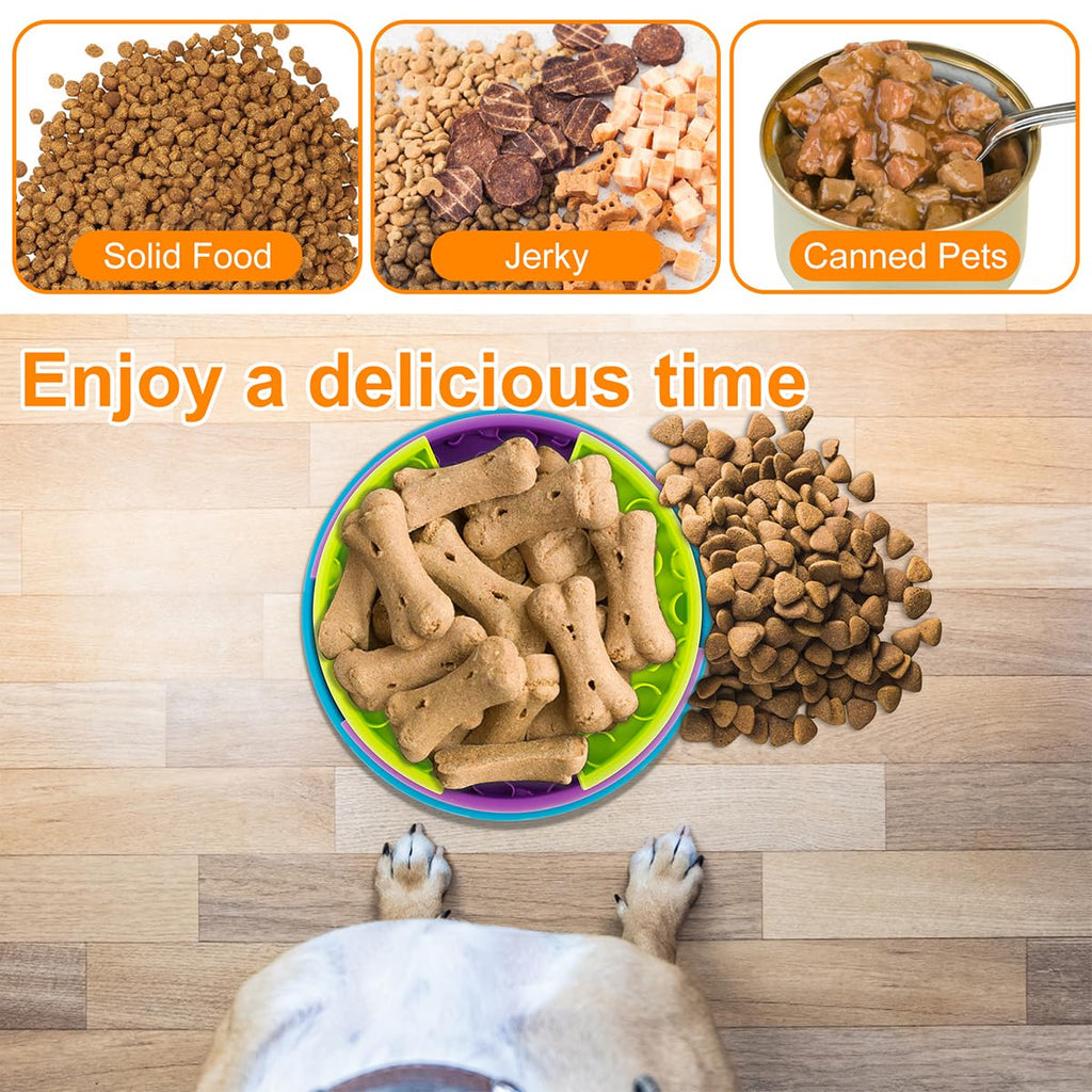 Green interactive dog feeder holding solid food, jerky, and canned dog food options