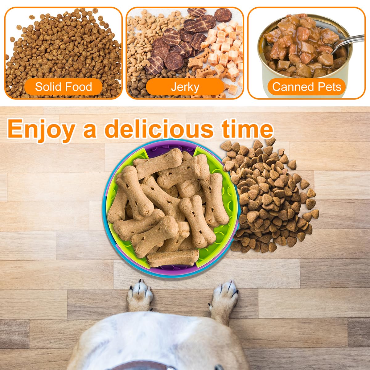 Green interactive dog feeder holding solid food, jerky, and canned dog food options