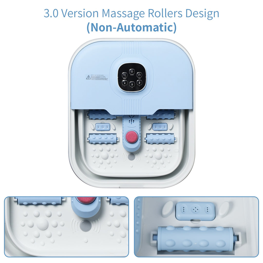 Foot spa base with built-in massage rollers and bubble jets; open view of controls