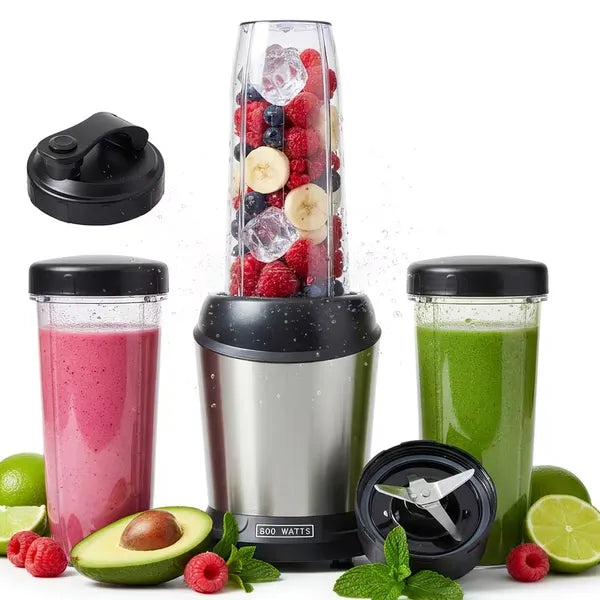 Silver blender with three containers and blending ingredients for smoothies