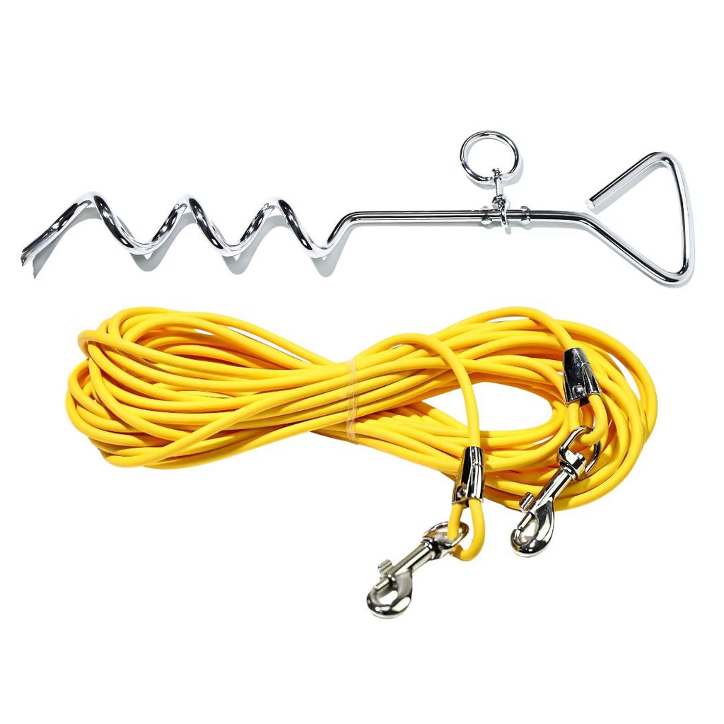 Yellow spiral ground stake dog tie-out with coiled leash rope and dual metal snap hooks