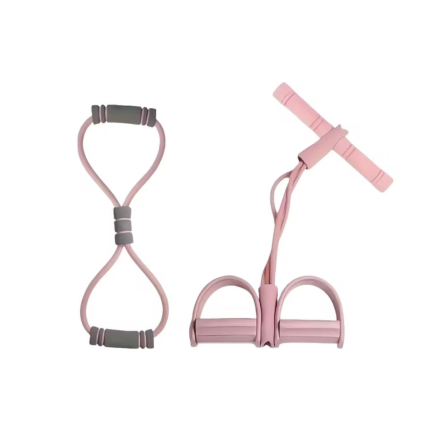 Pink 4-tube pedal resistance band with crossbar and separate double-loop stretch straps