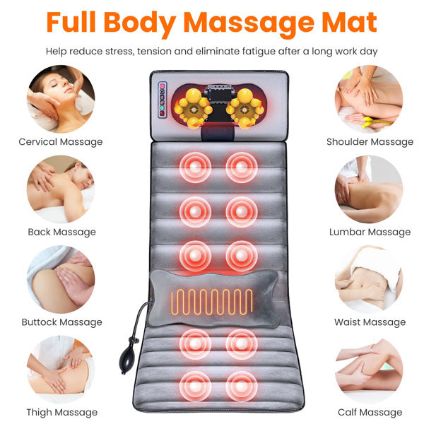 Grey massage mat diagram showing cervical, shoulder, back, lumbar, and calf massage zones