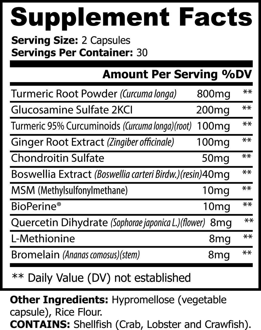Supplement Facts label for Platinum Turmeric: ingredients and amounts on panel