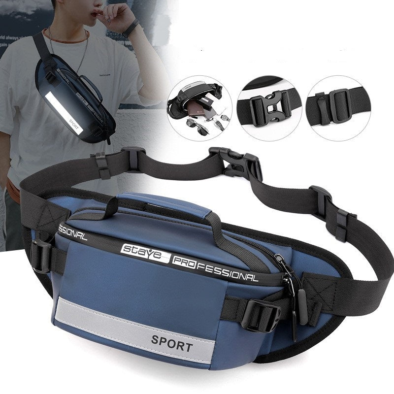 Blue reflective waist bag with crossbody strap, front zip pocket and buckle closures