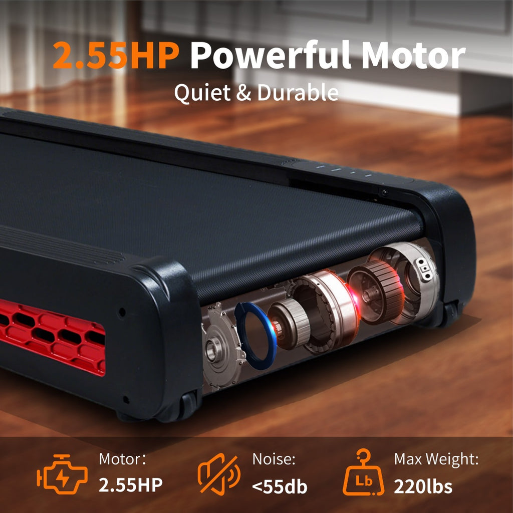Black treadmill motor end housing with red vent panel along the side