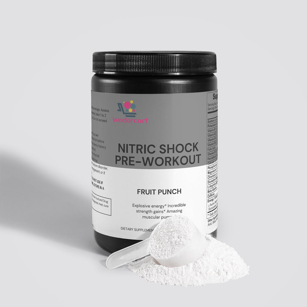 Nitric Shock pre-workout jar with Fruit Punch label and white powder on scoop