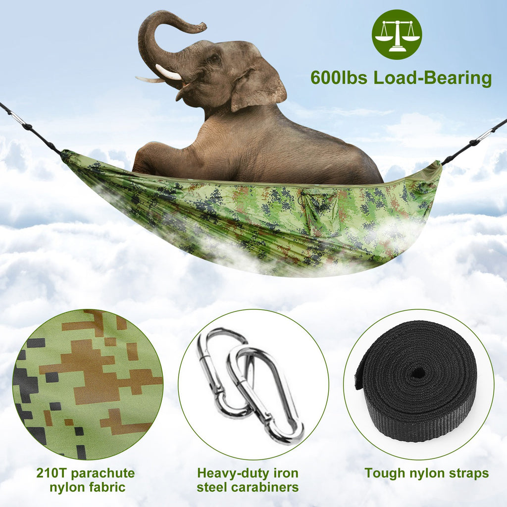 Camouflage double hammock with mosquito net, included nylon straps and steel carabiners.
