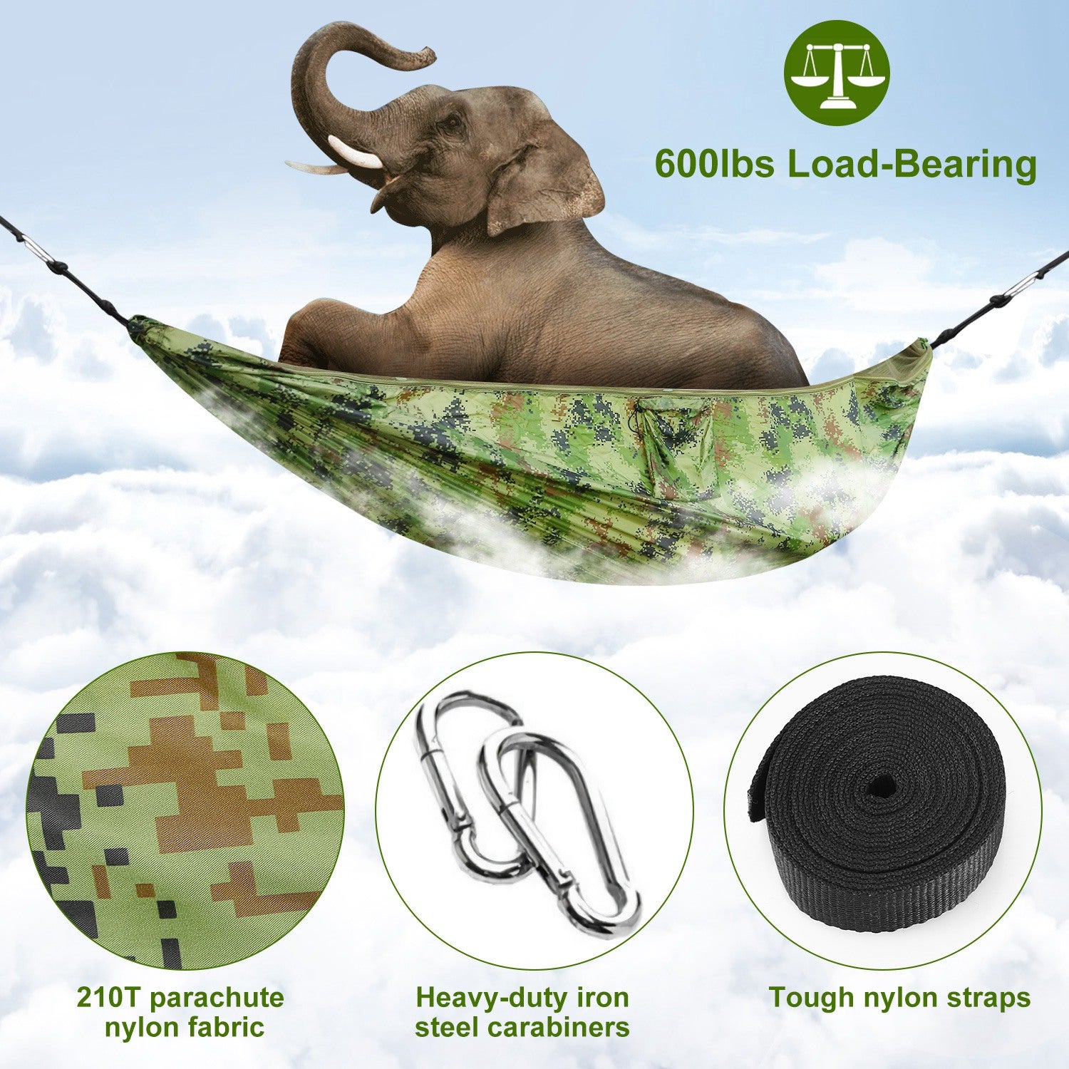 Camouflage double hammock with mosquito net, included nylon straps and steel carabiners.