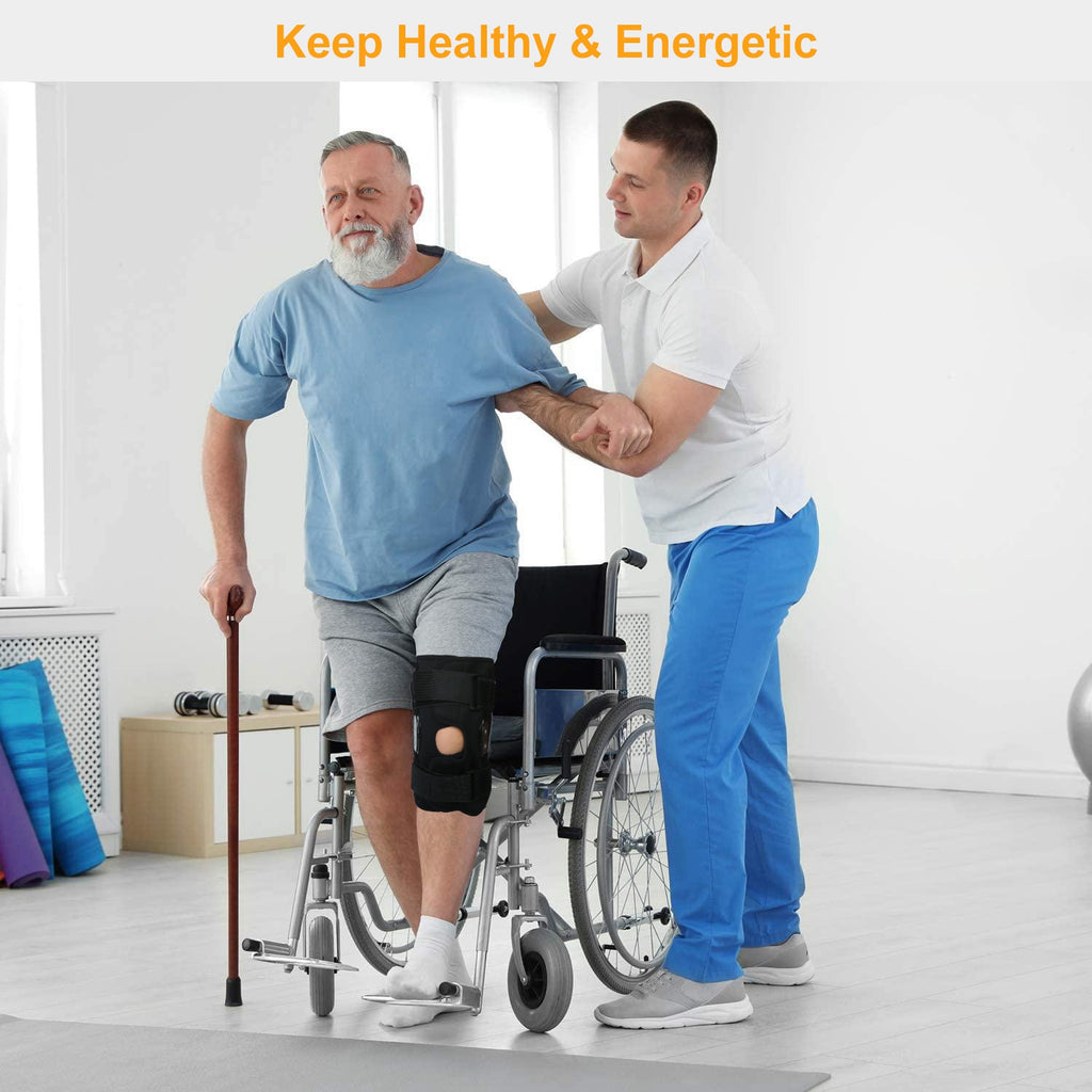 Black hinged open-knee knee brace on standing person; cushioned straps around leg