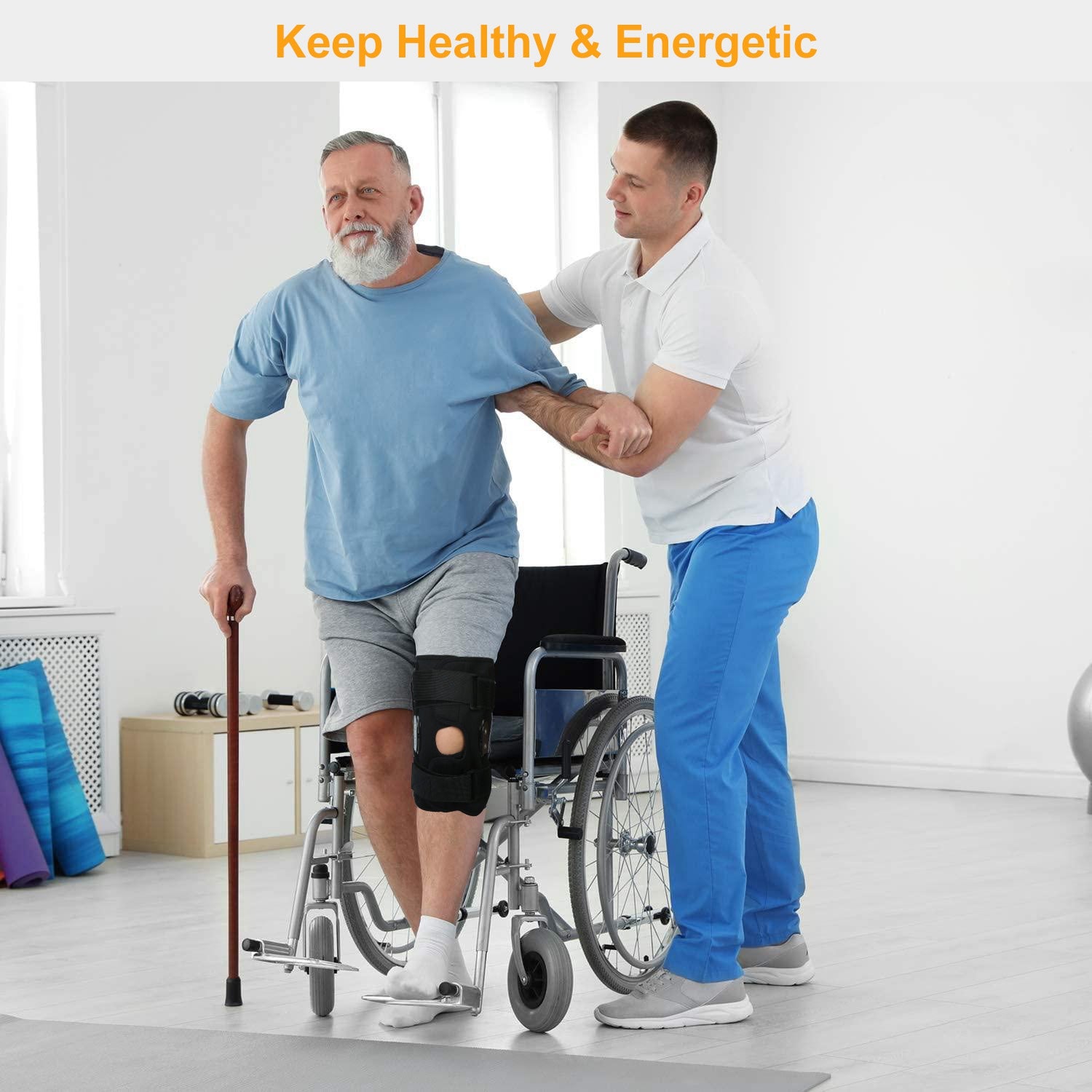Black hinged open-knee knee brace on standing person; cushioned straps around leg