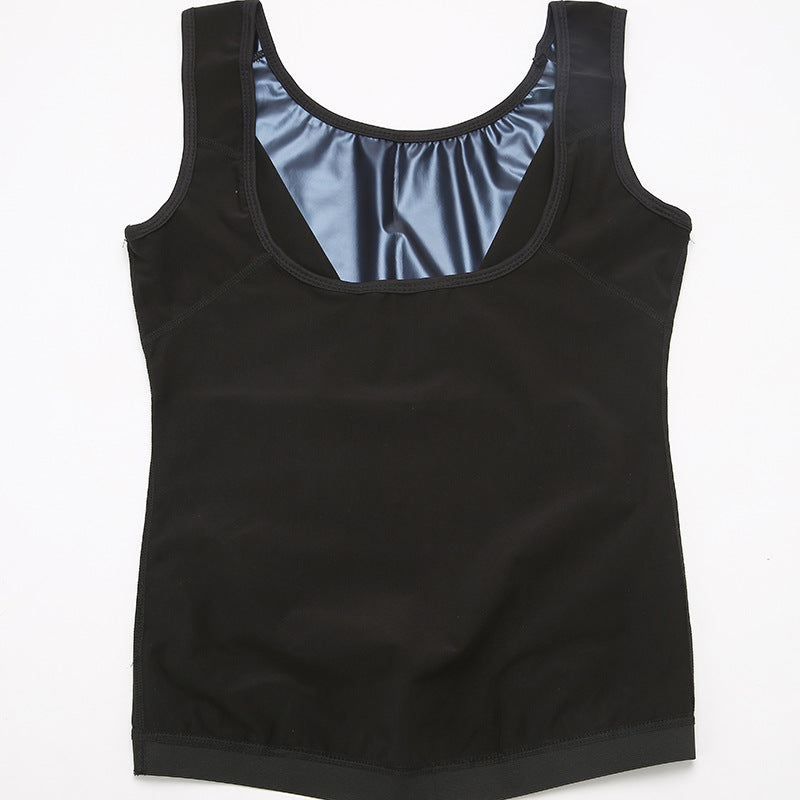 Black sleeveless neoprene sauna vest with blue lining at the neckline and chest