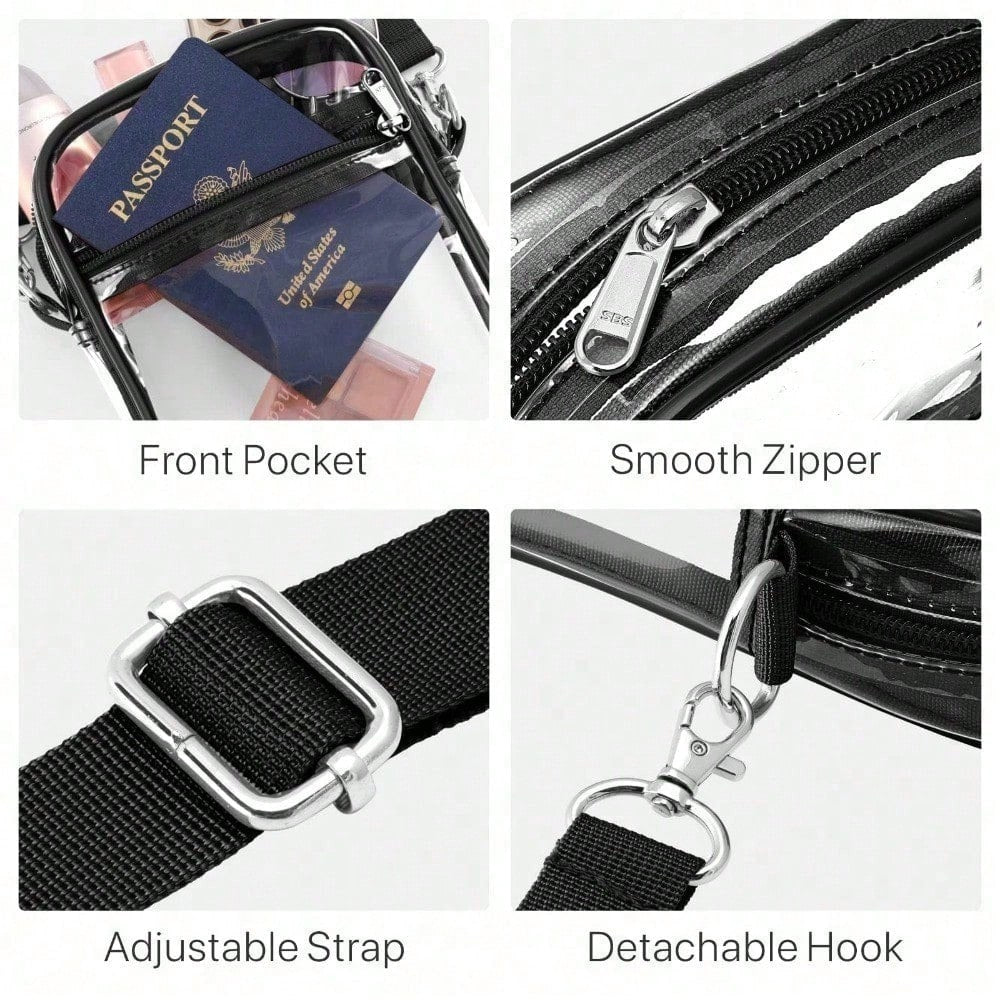 Black clear crossbody bag details: front pocket, smooth zipper, detachable hook