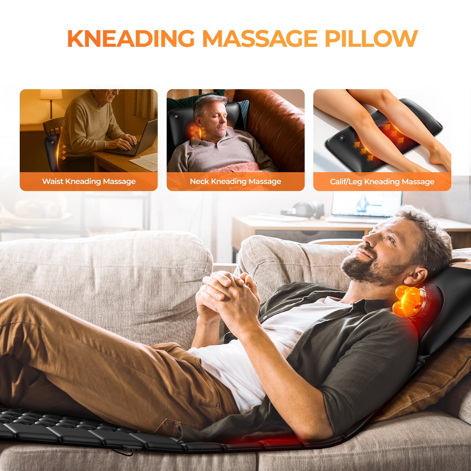 Kneading massage pillow with heat zones for neck, waist, and leg/calft area
