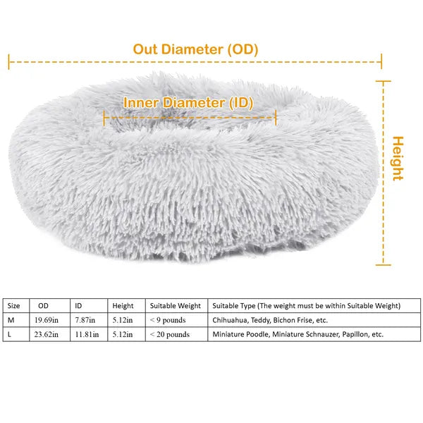 Light gray fleece pet nest bed, L size with outer/inner diameter and height shown