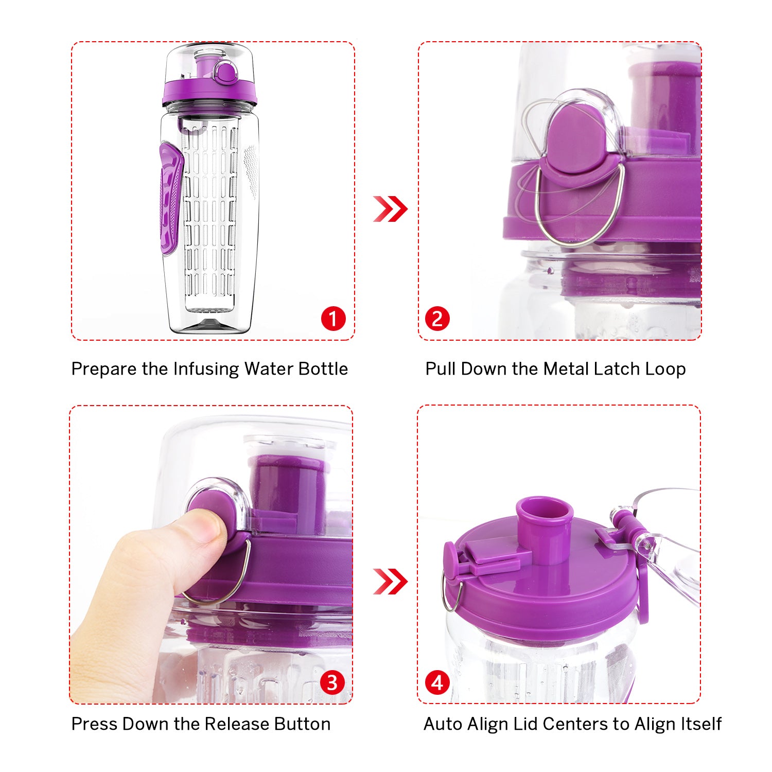 32oz fruit infuser water bottle showing metal latch loop and flip-open lid