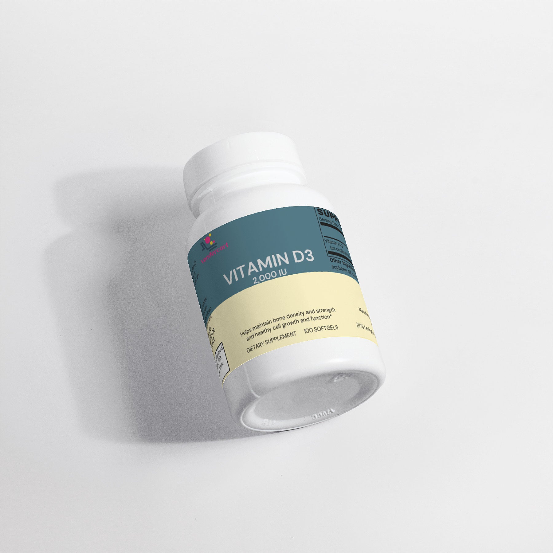 Vitamin D3 2000 IU bottle tilted with side label visible