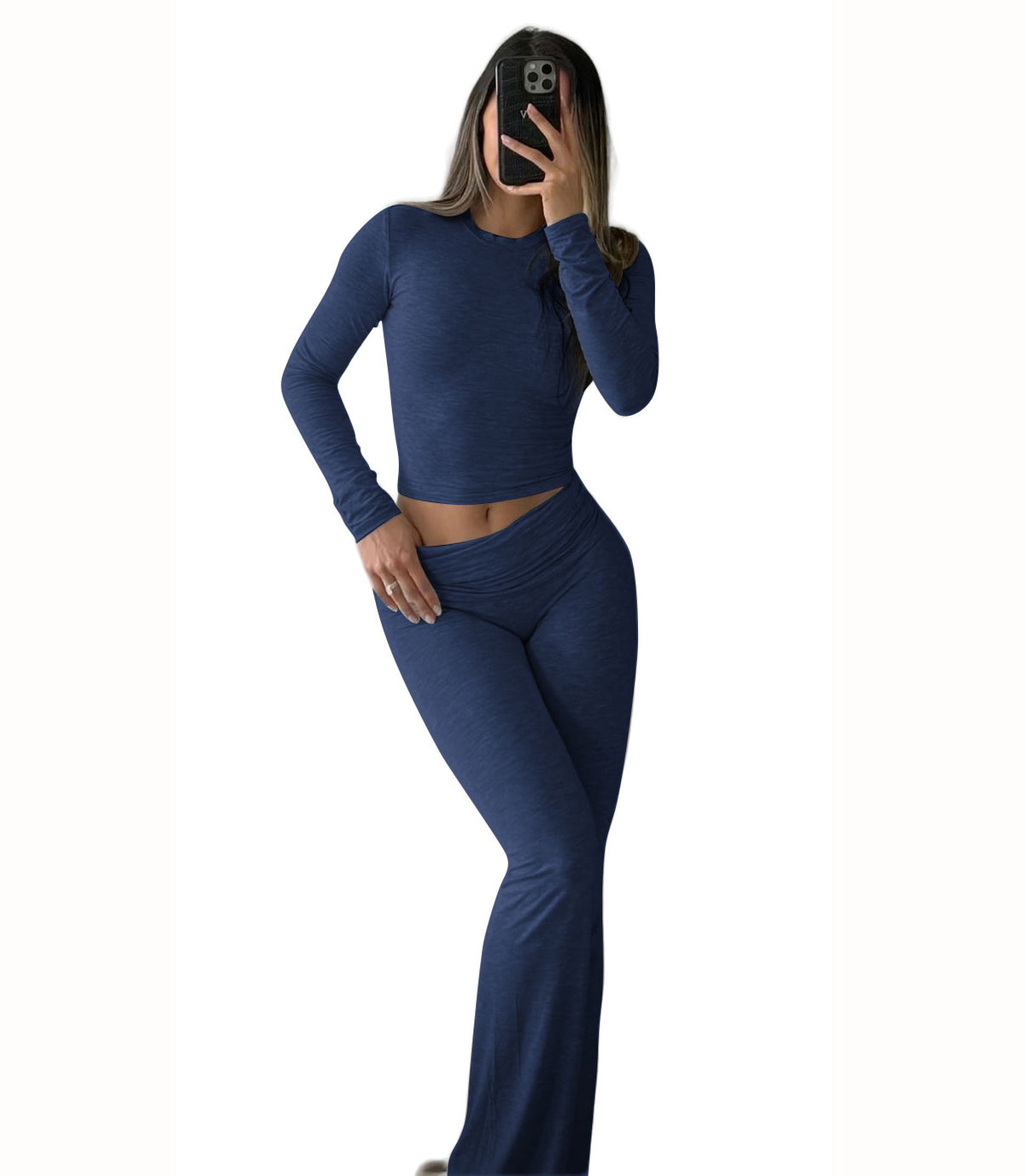 Navy long-sleeve fitted crop top and flared pants set with matching waist