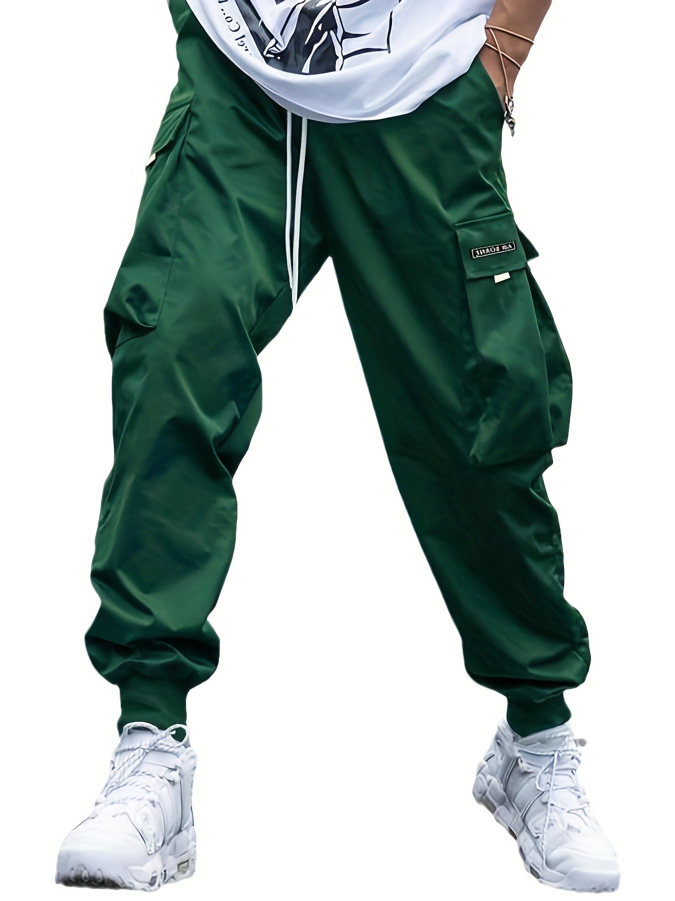 Deep green multi-pocket cargo pants with drawstring waist and relaxed tapered legs