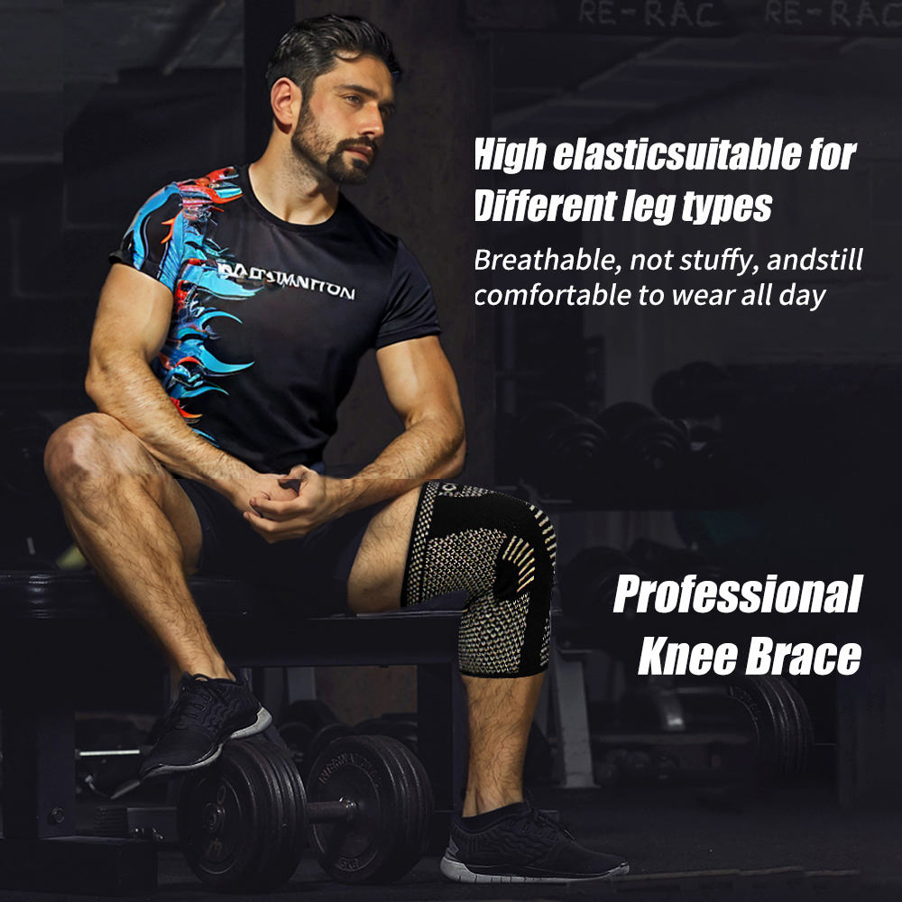 Pair of compression knee sleeves, black with gold stripe knit and COPPER lettering