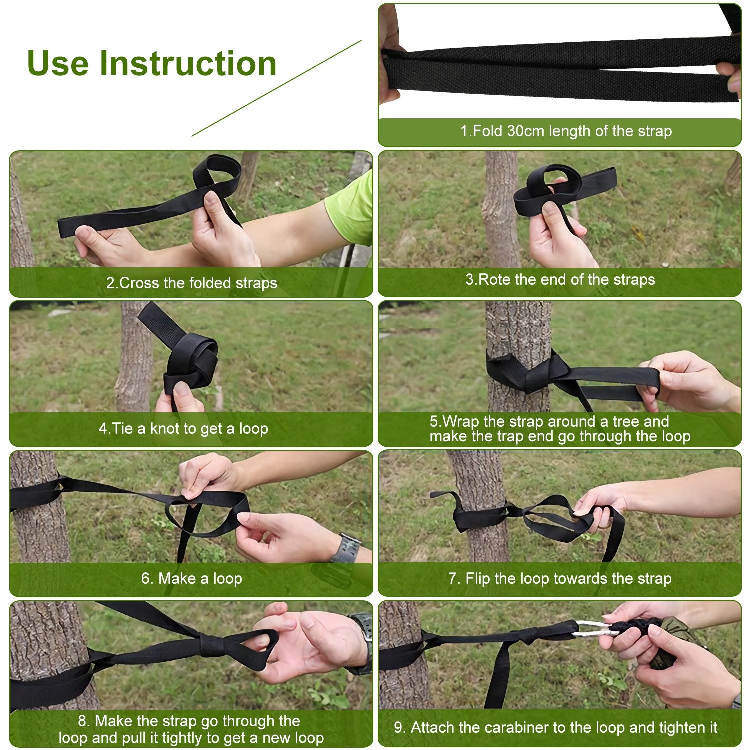 Hammock hanging kit with black straps and metal carabiners.