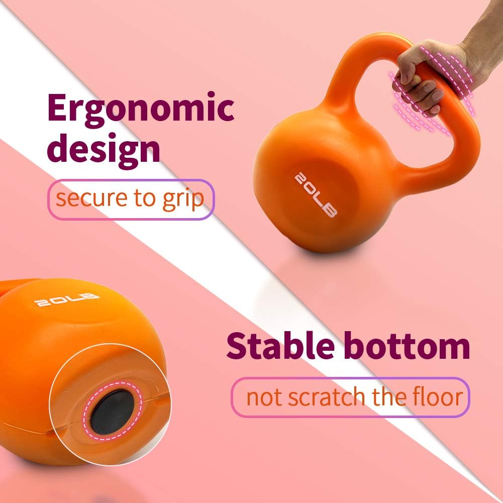 Orange vinyl coated kettlebell showing ergonomic handle and secure grip